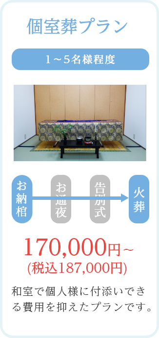 個室葬プラン/1～5名様程度/170,000円～ (税込187,000円)/和室で個人様に付添いできる費用を抑えたプランです。